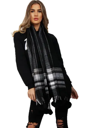 Black and White Tassel Trim Black Rabbit Fur Pom Pom Check Tartan Scarf