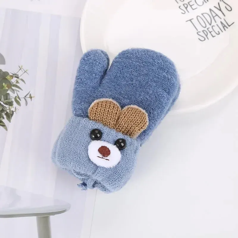 Cute Cartoon Bear Baby Gloves Winter Knitted Wool Infants Mittens Thicke Warm Full Rope Gloves For Boys Girls Toddlers 0-3 Y