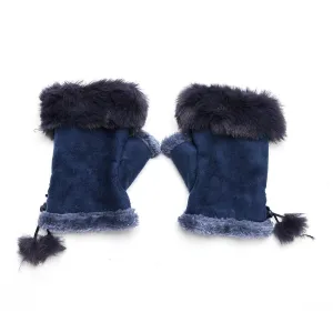 Faux Fur Fingerless Gloves - Navy