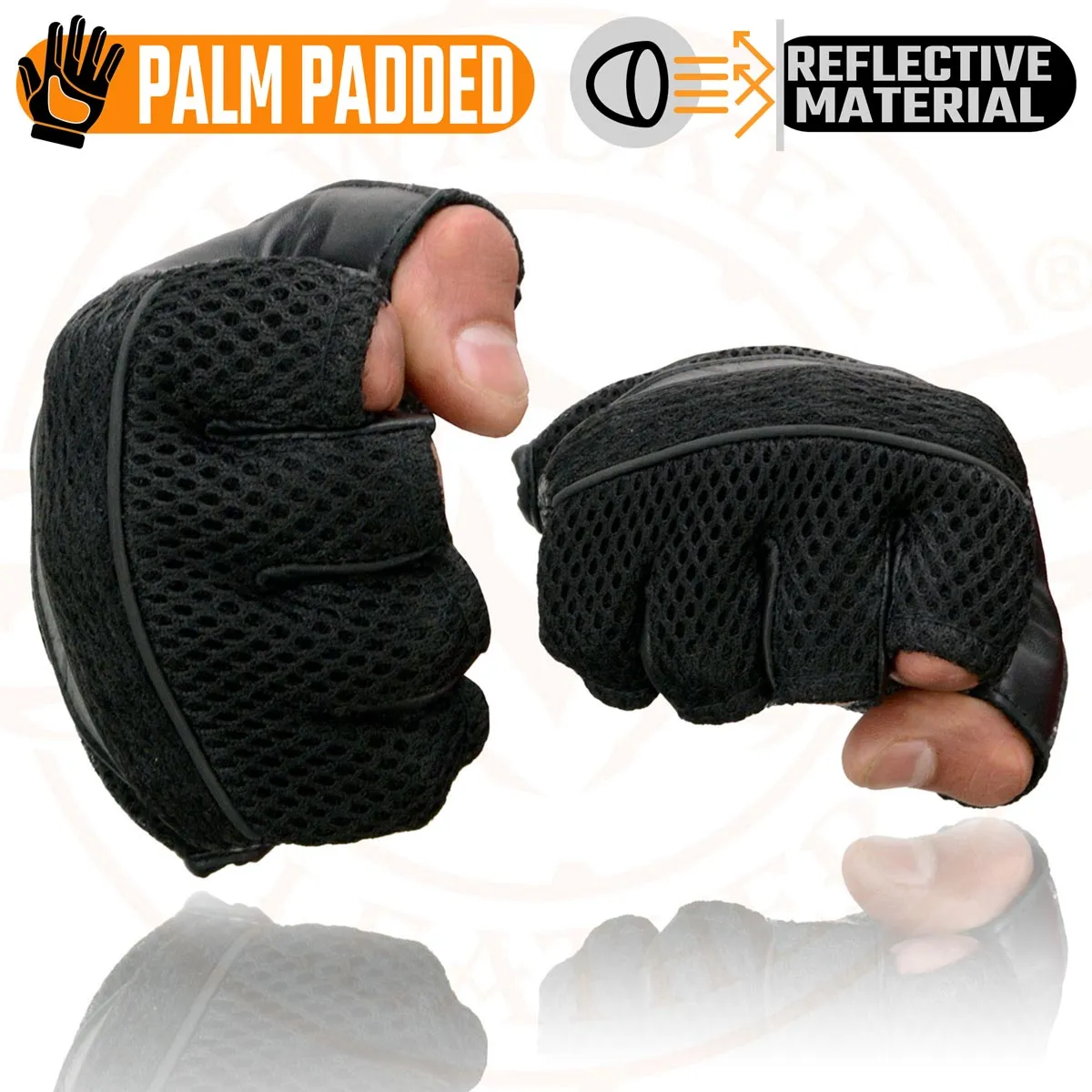 Milwaukee Leather MG7504 Men's Black Perforated Mesh Gel Palm Fingerless Motorcycle Hand Gloves W/ ‘Reflective Piping’