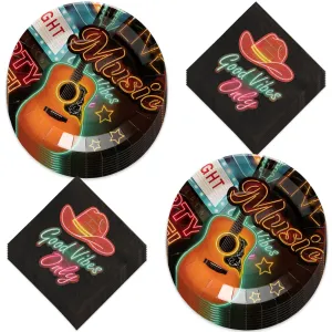 Music City Guitar & Neon Lights Paper Plates and Cowboy Hat Lunch Napkins (Serves 16)